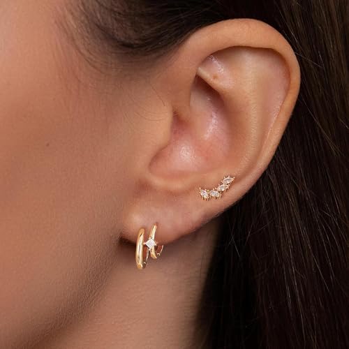 Image of Gold Earrings for Women, 14k Gold Plated Dangle Huggie Earrings for Women Trendy Dainty Gold Hoop Earring Stacks Hypoallergenic Pearl Chain Drop Cartilage Earring Fashion Womens Jewelry