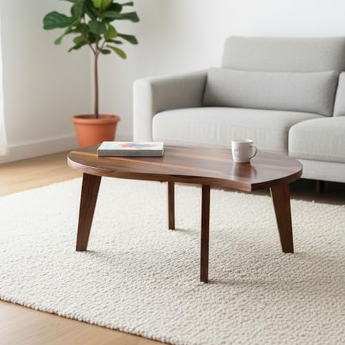 Image of Sheesham Wood Coffee Table for Living Room | Organic Shape Center Unit with Curved Edge Top | Japandi Mid Century Modern Wooden Tea Furniture with Tapered Legs |Contemporary Cocktail Piece| Teak Brown