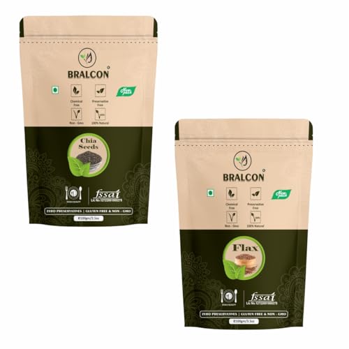 Image of BRALCON Raw Natural Seeds Combo (Flax Seeds - 100g, Chia Seeds - 100g) | Unroasted Mix Seeds for Eating | Rich in Omega 3, Fiber, Calcium & Protein for Weight Loss | Diet Snacks
