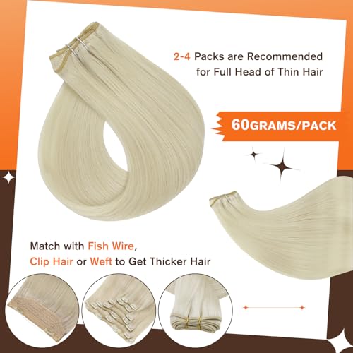 Image of Full Shine Human Hair Extensions Clip Ins, Platinum Blonde, 14 Inch 60g | 3 Pcs, Lightweight Fill Ins for Fine or Thin Hair, Lace Weft, Heat Styling Friendly, Short Hair Blending, Secure Hold
