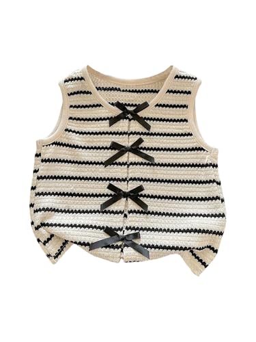 WDIRARA Toddler Girl's Striped Bow Knit Tank Tops Crew Neck Sleeveless Cute Tops Black and White 7Y
