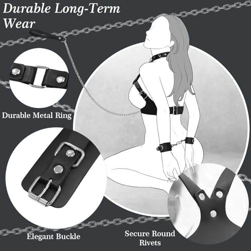 Image of BDSM Bondage Sex Breast Restraints Set B to E Cup Boobs Sex Things for Couples Kinky Adult Sex Toys with Dual-Layer PU Leather Harness Collars with Traction Chain Handcuffs Accessories