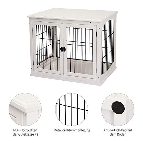PawHut Hundekäfig Möbel mit 2 Eingängen Moderne MDF Hundebox für Zuhause Indoor Hundehütte für mittelgroße und kleine Hunde bis zu 20 kg Hundehaus 58,5x81x66 cm Weiß