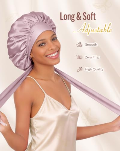 Image of BONNET QUEEN Silk Bonnet for Sleeping Women Satin Bonnet Night Sleep Cap Wrap for Curly Hair with Adjustable Tie Band, Single Layer, Grey Rose Gold