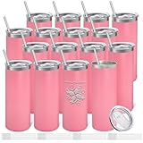 YOUKE OLA 16 Pack Stainless Steel Skinny Tumblers Bulk Straight Double Wall Powder Coated Insulated Tumbler with Lid and Straw for Laser Engrave, DIY Gift, 20oz Light Pink