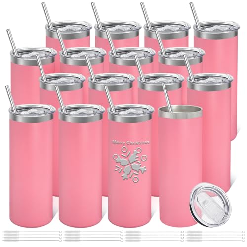 YOUKE OLA 16 Pack Stainless Steel Skinny Tumblers Bulk Straight Double Wall Powder Coated Insulated Tumbler with Lid and Straw for Laser Engrave, DIY Gift, 20oz Light Pink