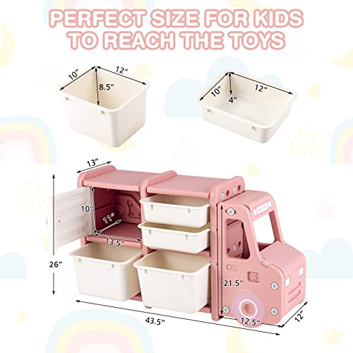Costzon Kids Toy Storage Organizer With 2 Large Bins, Pull-Out Drawers, Cabinet, Front Store Space, Cute Car Shaped Multipurpose Shelf For Toddlers To Organize Toys, Books, Clothing, Pink #TOP3