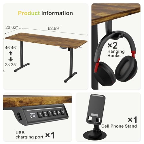 Image of Furmax 63 Inches Electric Standing Desk, Home Office Desk with Phone Holder