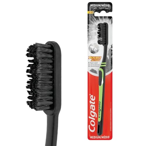 Colgate Cepillo de Dientes Carbón Activado Medio Pack de 12 Unidades para Adultos | Acción Doble con Cerdas en V y Limpia Lengua | Cepillo Dental Manual Blanqueador Suave y Eficaz