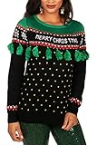 Tipsy Elves Womens Cute Christmas Tree Tassel Black and Green Ugly Christmas Sweater Size Small