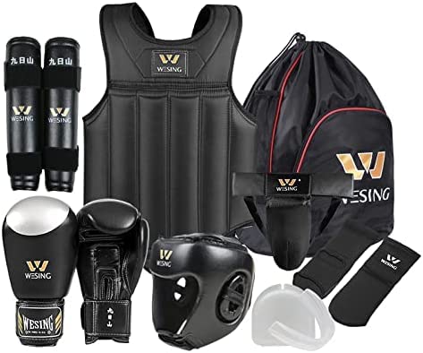 Wesing Martial Arts Protector Equipments Sanda Kickboxing kit 8pcs Gear Set for Men (?XL(5.77ft~5.90ft,165lb~176lb), Black)