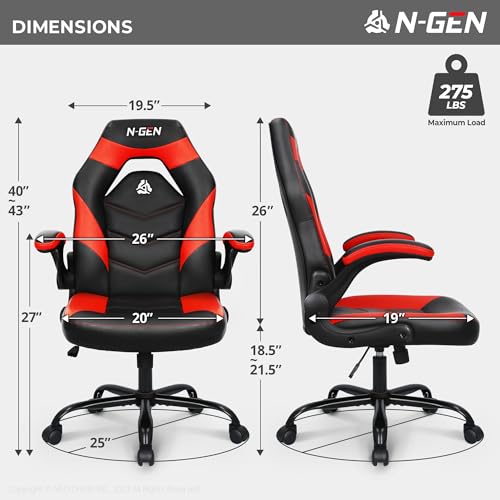 N-GEN Video Gaming Chair Ergonomic Computer Desk Office Chair with Lumbar Support Adjustable Height Swivel Wheels Flip-Up Arms PU Leather Home and Office (Red)