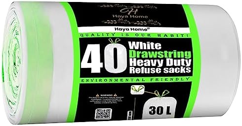 Haya Home 30L Litre 40 Drawstring Extra Strong Kitchen Bin Liner Heavy Duty Bin Bags White Plastic Refuse Sacks tie top handle large Waste Dustbin Bags for Kitchen Home Office DIY Garden