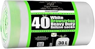 Haya Home 30L Litre 40 Drawstring Extra Strong Kitchen Bin Liner Heavy Duty Bin Bags White Plastic Refuse Sacks tie top handle large Waste Dustbin Bags for Kitchen Home Office DIY Garden