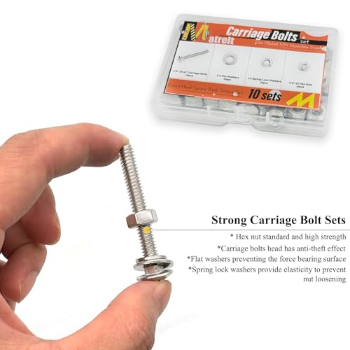 Image of 10 Sets 1 /4 inch-20 x2 Carriage Bolts Round Head Square Neck Screws with Hex Nuts Flat Washers Spring Lock Washers 304 Stainless Steel Full Thread Coverage Square Neck Bolts Assortment Kit