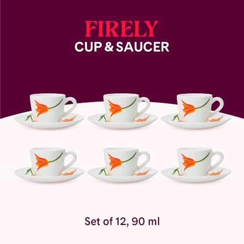 Image of Larah by BOROSIL Firefly Opalware Cup and Saucer Set of 12 pcs | Tea /Coffee Cups 90 ml | Microwave & Dishwasher Safe | Bone-Ash Free | Crockery Set Ideal for Daily Use & Gifting, White