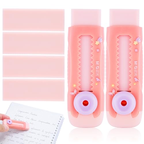 Image of M&G 2+4 Pack Rubber Erasers Sliding Retractable Eraser, 2 Pack Cute Erasers Push Pull Large Pencil Eraser with Plastic Sleeve and 4 Refill Erasers for Students, School Office Supplies (Pink Unicorn)
