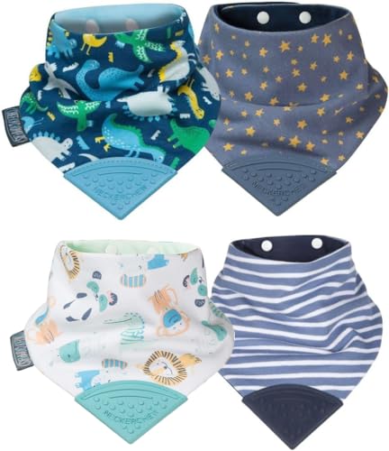 Cheeky Chompers Teething Bibs | 2 months+ Reversible Bandana Bib & Baby Teether | Multi-Award Winning Neckerchew (Dino & Stars, 4 Pack)