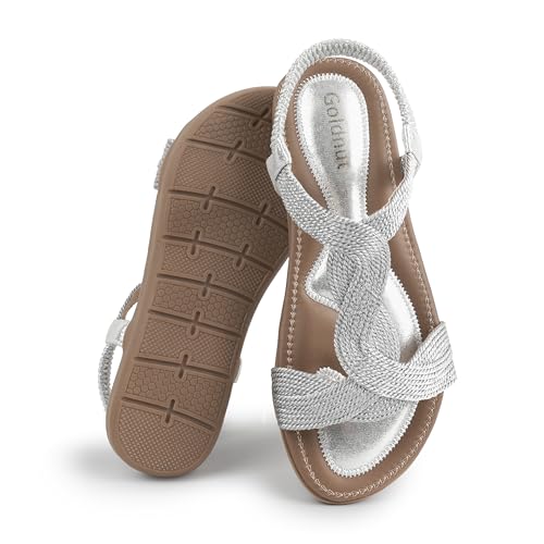 Silver Sparkle Sandals Metallic Flat Sandal for Women Metallic Comfortable Sandals Elastic Ankle Straps Flat Sandalias