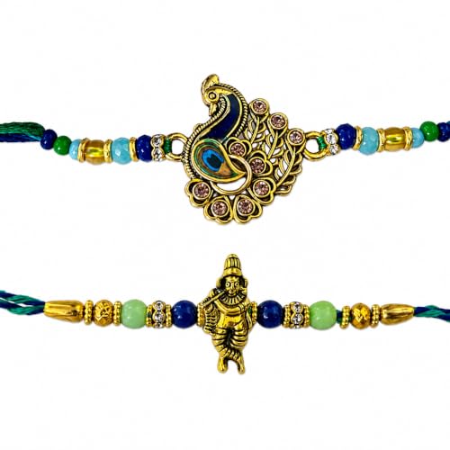 Rakhi para hermano juego de 2 con diseño de Pavo Real y Krishna espiritual