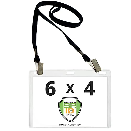 10 Pack - 6x4 Badge Holder Horizontal Name Tag Holder & Lanyard with 2 Clips - Extra Large Clear Vinyl Plastic Horizontal 4x6 Badge Holder Sleeve & Premium Lanyards by Specialist ID (Black)