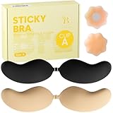 BLOOMORA Sujetador Adhesivo Push Up – Sujetador Invisible sin Tirantes y Espalda Descubierta, Negro & Beige - Copa A