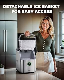 Silonn Nugget Ice Maker Countertop, Ice Basket with Handle, Quiet Operation & Self Cleaning Ice Machine, Chewable Ice, 33 lbs/24H, Portable Pellet Ice Maker with Scoop for Home, Kitchen and Office
