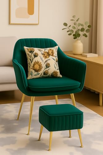 Image of Velvet Accent Chair with Matching Pouffe & Floral Cushion | Modern Upholstered Armchair with Gold Metal Legs | Lounge Chair for Living Room, Bedroom, Office, Guest Room (Green)