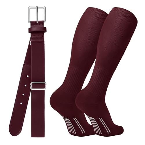 JASGOOD Baseball Socks and Belt Combo Set Softball Socks Baseball Elastic Belt for Youth Boys Girls Adult Maroon