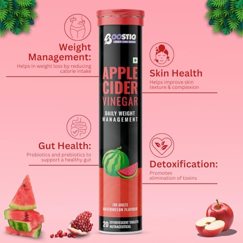 Image of Apple Cider Vinegar Effervescent Tablet - For Weight Loss With Pomegranate Extract, Vitamin B6 & B12 For Refreshing Detox & Metabolism Boost, No added Sugar (20 count (Pack of 1), Watermelon)