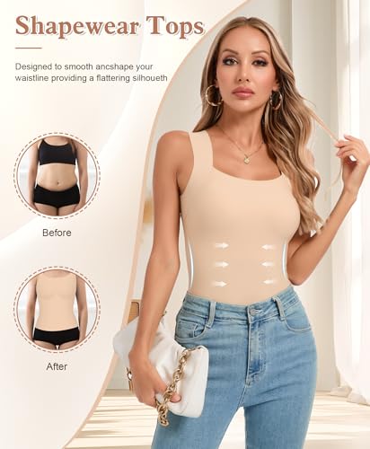 Womens U Neck Shapewear Built-in Bra Tank Top High Strechy Slim Fit Compression Camisole Workout Tops3