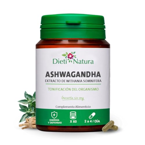 DIETI NATURA Ashwagandha 60 Cápsulas Adaptógeno Natural Concentración y Rendimiento - Ginseng Indio para el Estrés y Ansiedad - Aumenta la Energía - Complemento para el Apoyo Bienestar Mental y Físico