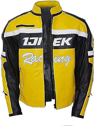 Men’s Chuck Greene Jacket Biker Racer Yellow & Black Motorcycle Biker Leather Jacket4