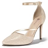IDIFU Gold Heels Closed Toe Women's Pumps Stiletto High Heels Dress Shoes for Women Wedding Prom Dressy Party Shoes Fashion Sparkly Strappy Pointed Toe Ankle Strap Heels Pumps(Gold Glitter, 8.5)