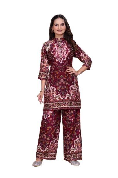 Women's Wine Rayon Printed Kurta and Palazzo Set | Ethnic Straight Kurti Tunic with Wide Leg Pants | Comfortable 3/4 Sleeve (WINE BAEUTY 3XL)-picture-53
