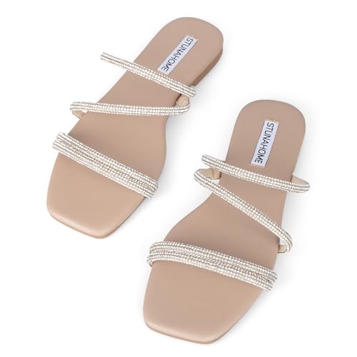 Image of STUNAHOME Women's Rhinestone Thong Flat Sandals Open Toe Slide Sandals with Square Toe Bling Strap