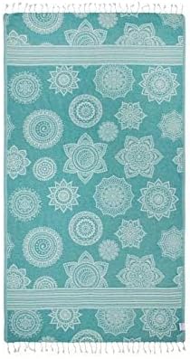 InfuseZen Turkish Bath & Beach Towel – Reversible Medallion Design - 100% Organic Turkish Cotton - Soft, Lightweight, Absorbent Peshtemal -Quick Dry, Sand Free- For Pool, Gym, Throw, Travel- Sea Green