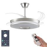 VENTILADOR TECHO LED APP MOVIL FACIL MONTAJE TECHO DC LED ATENUABLE RETRACTIL 4 ASPAS - Opción Sin Pitido, Temporizador, Invierno Verano, 3 Tonos, Modo Brisa, Bajo consumo (NÍQUEL NUEVO DISEÑO, 107CM)