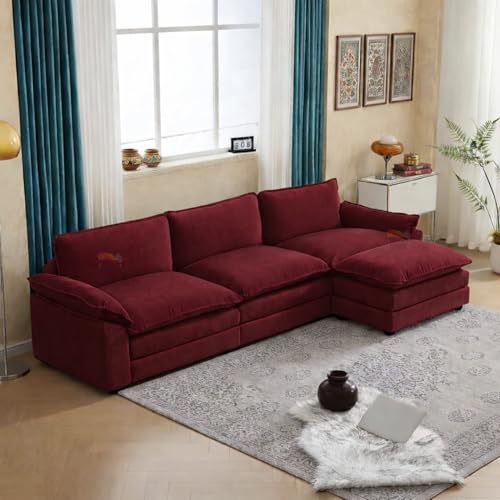 Image of SRMS Sectional Sofa Modern Deep 4 -Seat Sofa Couch | 3 + 1 ottoman | Chenille Sofa Sleeper Comfy Upholstered Furniture for Living Room, Apartment, Studio, Office | L Shape | Maroon