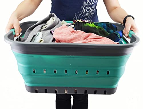 Image of SAMMART 42L (11 gallon) Collapsible Plastic Laundry Basket - Foldable Pop Up Storage Container /Organizer - Portable Basket - Space Saving Hamper /Basket (2, Grey /Turquoise Blue)