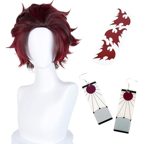 Image of LABEAUTE Anime Short Wig Halloween Wig Character Wig Cosplay Clothes for Demon Slayer: Kimetsu no Yaiba (Brown)