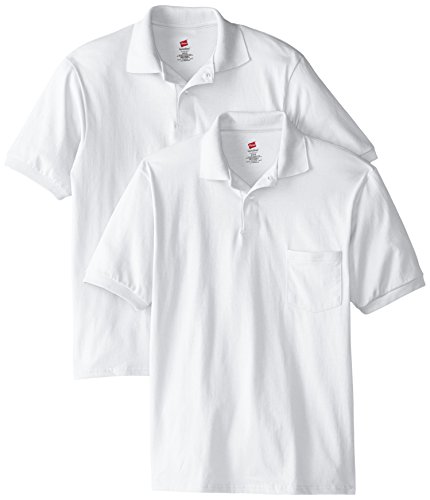 Hanes Men's Short Sleeve Jersey Pocket Polo, White, Large (Pack of 2)
