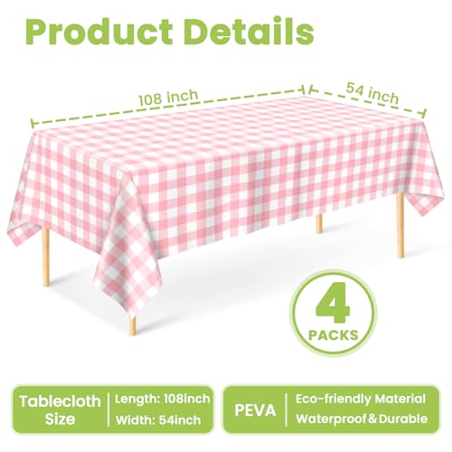 Image of Mulbozy 4 Pcs Pink Gingham Tablecloth 54 x 108 Inches Pink and White Checkered Table Cloth Disposable Plastic Waterproof Tablecover for Outdoor Picnic, Birthday Party, Holiday Dinner