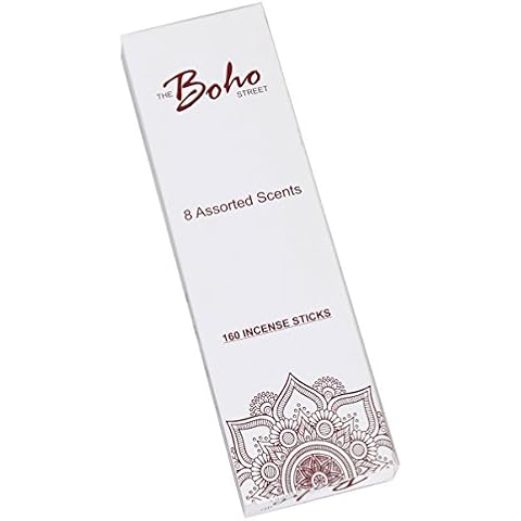 The Boho Street Premium Incense Sticks - 8 Assorted Fragrances Sandalwood, Patchouli, Nag Champa, Lavender, Rose 20 Sticks Each 100% Hand Rolled & Dipped in India 20 x 8 Total 160 Sticks Pack (160) Cover