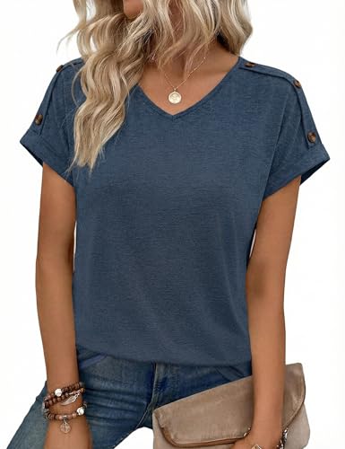 Totatuit Tee shirt Femme Manches Courtes Col V Unicolore Haut Élégant et Raffiné avec Détails Boutons sur les Épaules Bleu Marine，M