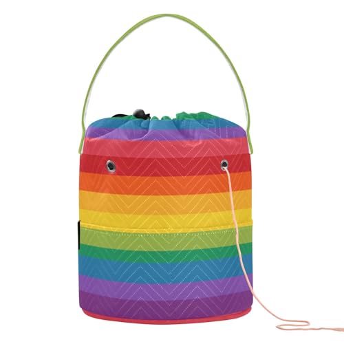 Image of ElliTarr Crochet Bag Yarn Bag with Handle Portable Knitting Project Bag Travel Yarn Storage Organizer Holder Case Rainbow Color Stripes