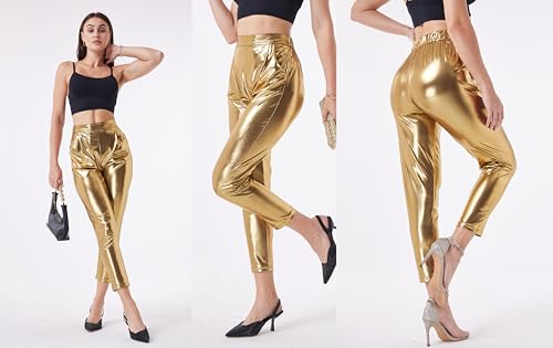 heipeiwa Women's Shiny Metallic Cropped Pants Party Club Disco Wear Sequin Casual Dress Pants2
