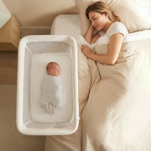 INFANS Over Bed Bassinet for Baby, Bedside Sleeper with Lowering Wall for Easy Access, Safe Close Sleeping, Adjustable Height, Storage, Newborn Infant Girls Boys (White)