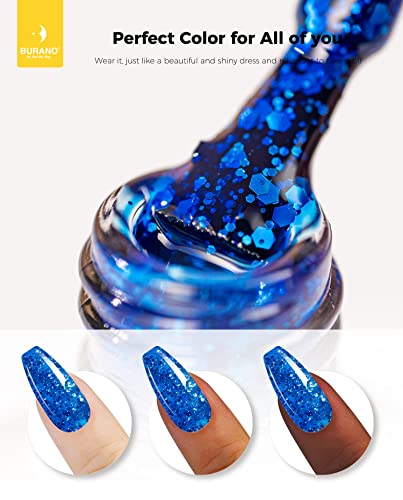 Burano Glitter Gel Nail Polish, Led Uv Nail Gel Shimmer Holographic Effect Soak Off Gel Curing Required, No Chip Gel Polish Sparkle Chunky Gel Home Diy Nail Salon Nail Art Design (Blue) Lp7 #TOP2