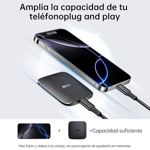 SSK Disco Duro SSD 256 GB, hasta 550 MB/s, USB 3.2 GEN2 SSD Portatil con Cable de Tipo C a USB C/A, Memoria de Estado sólido Externa rápido para el iPhone 15/Android/Windows/Tablet/Mac/Xbox - imagen 5